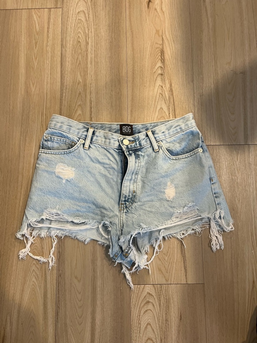 BDG Light Wash Distressed High-Rise Denim Cutoff Shorts